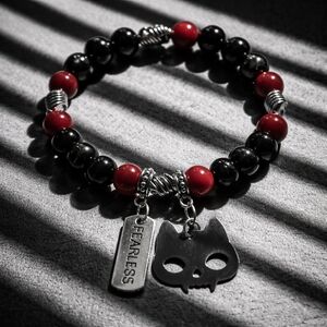 Black Tourmaline & Red Carnelian Bracelet with Vampire Cat & Fearless Charms